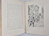 an open book with a drawing of a group of people walking down the street