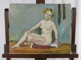 a painting of a nude woman sitting on a wooden easel