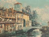 tableau représentant une rivière avec, en arrière-plan, des bâtiments et un pont