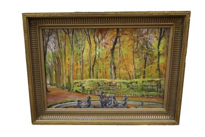 une peinture à l'huile représentant une scène de parc avec une fontaine au premier plan