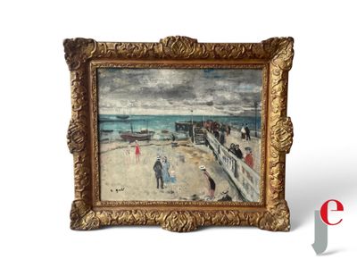 une image représentant un tableau représentant une scène de plage avec des personnes sur la plage