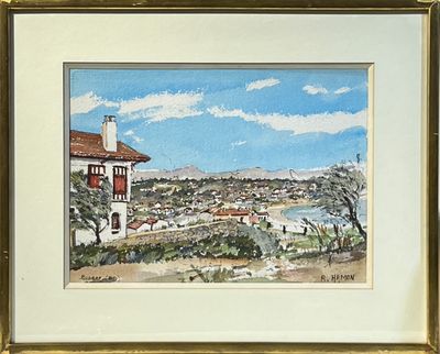 tableau représentant une vue d'une ville avec une rivière au premier plan