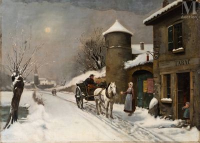 a painting of a horse drawn carriage on a snowy street