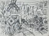 sketches of a drawing of a train station with a windmill in the background