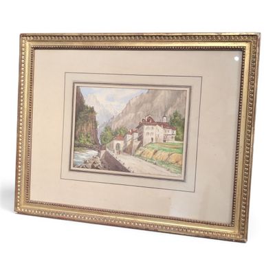 framed picture of a painting of a mountain village with a bridge in the foreground