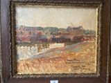 an oil painting of a view of a town with a bridge