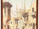 an oil painting of a street scene with people walking down the street
