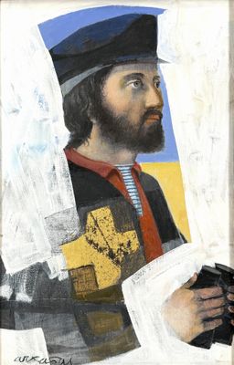 painting of a man with a beard and a hat holding a camera