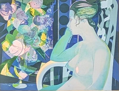 a painting of a woman sitting in a chair next to a vase of flowers