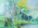 painting of a painting of a lake with trees and a mountain in the background