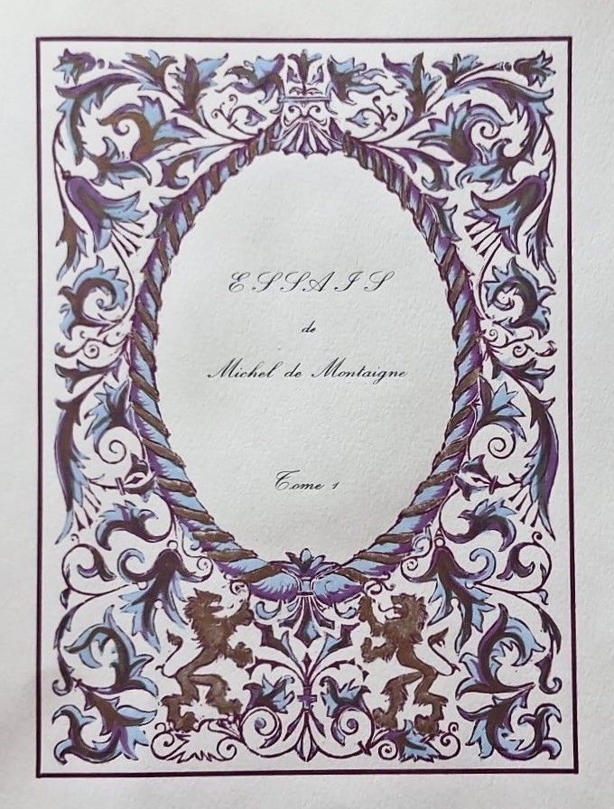 MONTAIGNE : "Essais" (Paris, s. é., s.d., v. 1950) : Trois volumes petit in-4°, en ff., sous chemises et étuis. Curie...