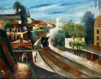 un tableau représentant un train sortant d'un tunnel