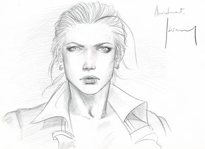 dessin au crayon représentant une femme tenant une cigarette à la main