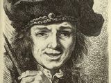 an old drawing of a man in a hat holding a stick
