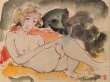 un tableau représentant une femme nue assise sur un canapé