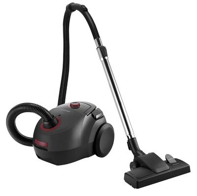 un aspirateur noir avec une poignée rouge sur fond blanc