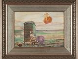 tableau représentant un homme assis sur une chaise à la plage, à côté d'une cabane de plage