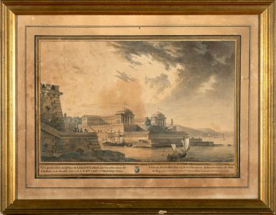 une vieille photo représentant un tableau d'un château avec un bateau au premier plan