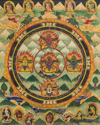 an image of a painting of a wheel of life on a wall