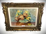 a picture of a painting of a dog with flowers in a vase