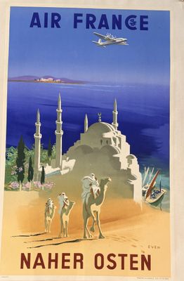 a poster of an airplane flying over a desert area