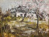 une peinture à l'huile représentant une rivière coulant dans un champ avec des arbres en arrière-plan