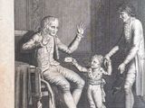 an old book with a picture of a man and a woman and a child