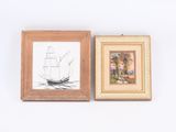 two framed pictures of a ship and a boat on a white surface