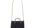 a black purse with a gold handle on a white background