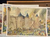 trois vieilles cartes postales représentant un château et un homme sur une échelle