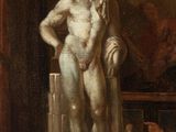 an image of a painting of a man standing next to a statue