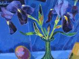 a painting of a vase of flowers and fruit on a table