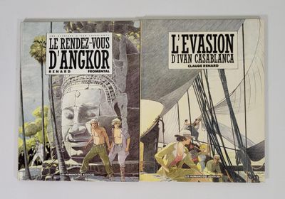 deux livres posés sur une table, avec une photo d'un homme et d'une femme devant une statue