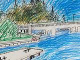 drawing of a bridge over a river with a castle in the background