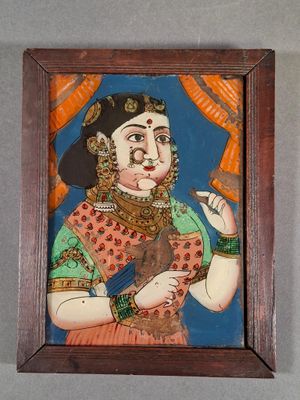 painting of a woman holding a brush and a comb in her right hand