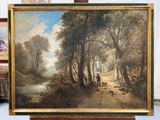 a painting of a man and a dog in a wooded area
