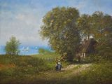 une peinture à l'huile représentant une femme marchant sur un chemin de terre près d'une maison