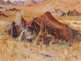 painting of a group of people sitting in a field next to a tent