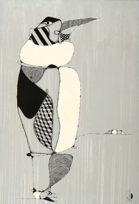 painting of a penguin with a hat and a scarf standing in the snow