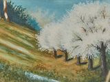 a painting of a white tree on a hill by a stream
