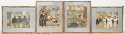 quatre tableaux encadrés représentant des hommes et des femmes, accrochés au mur d'une pièce