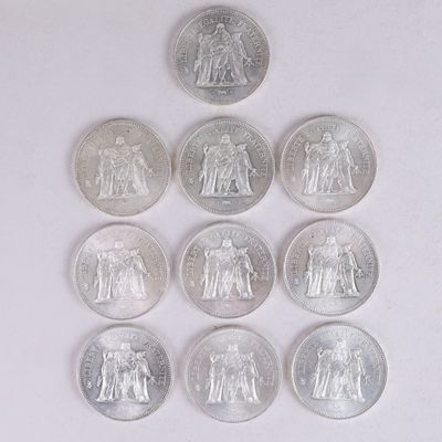 Dix pièces en argent de 50 F "Hercule" de 1976.