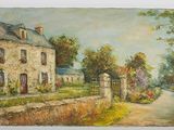 an oil painting of a country house with a gate in front of it
