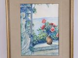 painting of a vase of flowers on a window sill with a view of the ocean