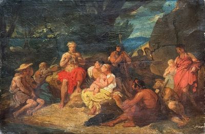 tableau représentant un groupe de personnes rassemblées autour d'un homme à cheval