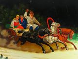 a painting of people riding in a horse drawn carriage