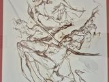 dessin représentant un homme à cheval, une épée à la main