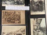 several old black and white photographs of people and a train