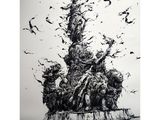an ink drawing of a statue with birds flying around it