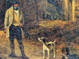 painting of a man with a dog and two dogs on a leash